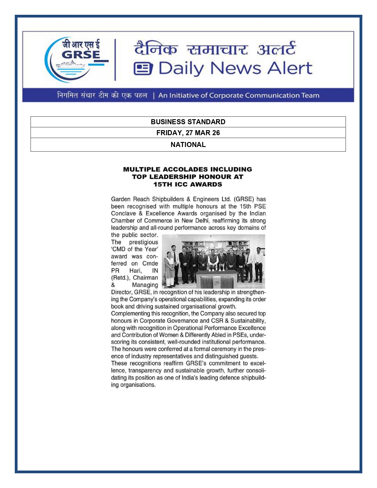  Press Coverage: 27 MAR 26: BUSINESS STANDARD 